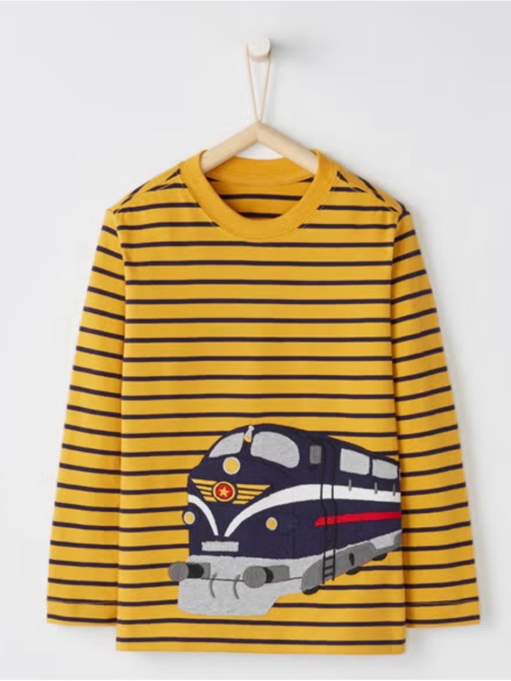 Hanna Andersson Yellow & Navy Striped Train Long-Sleeve Tee Euc size 6 - 7 boys